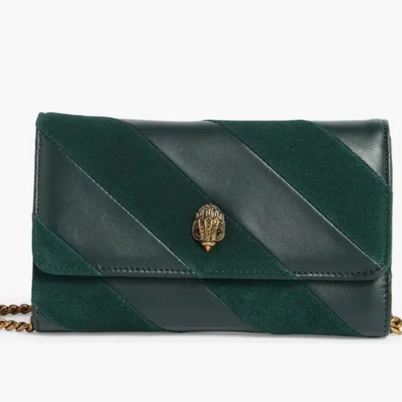 Kurt Geiger Soho Wallet on a Chain Crossbody Dark Green Suede and Leather - Picture 1 of 13